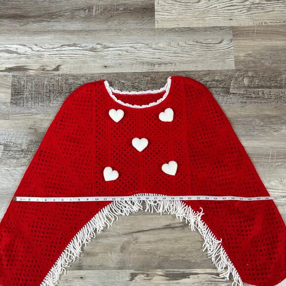 Handmade Crochet Sweater Red White Heart Fringe Festival Top Valentine Boho - Picture 6 of 7